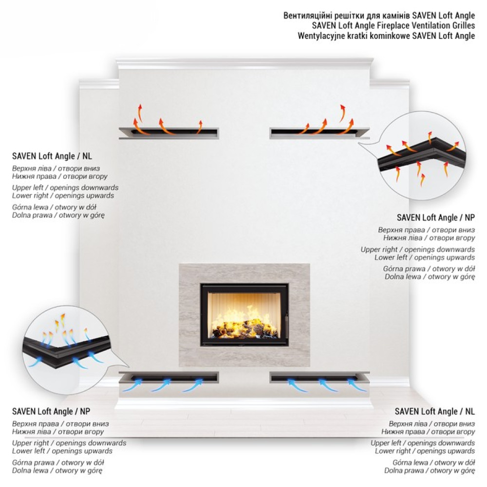 Вентиляционная решетка для камина 95х450х950 SAVEN Loft Angle угловая левая белая